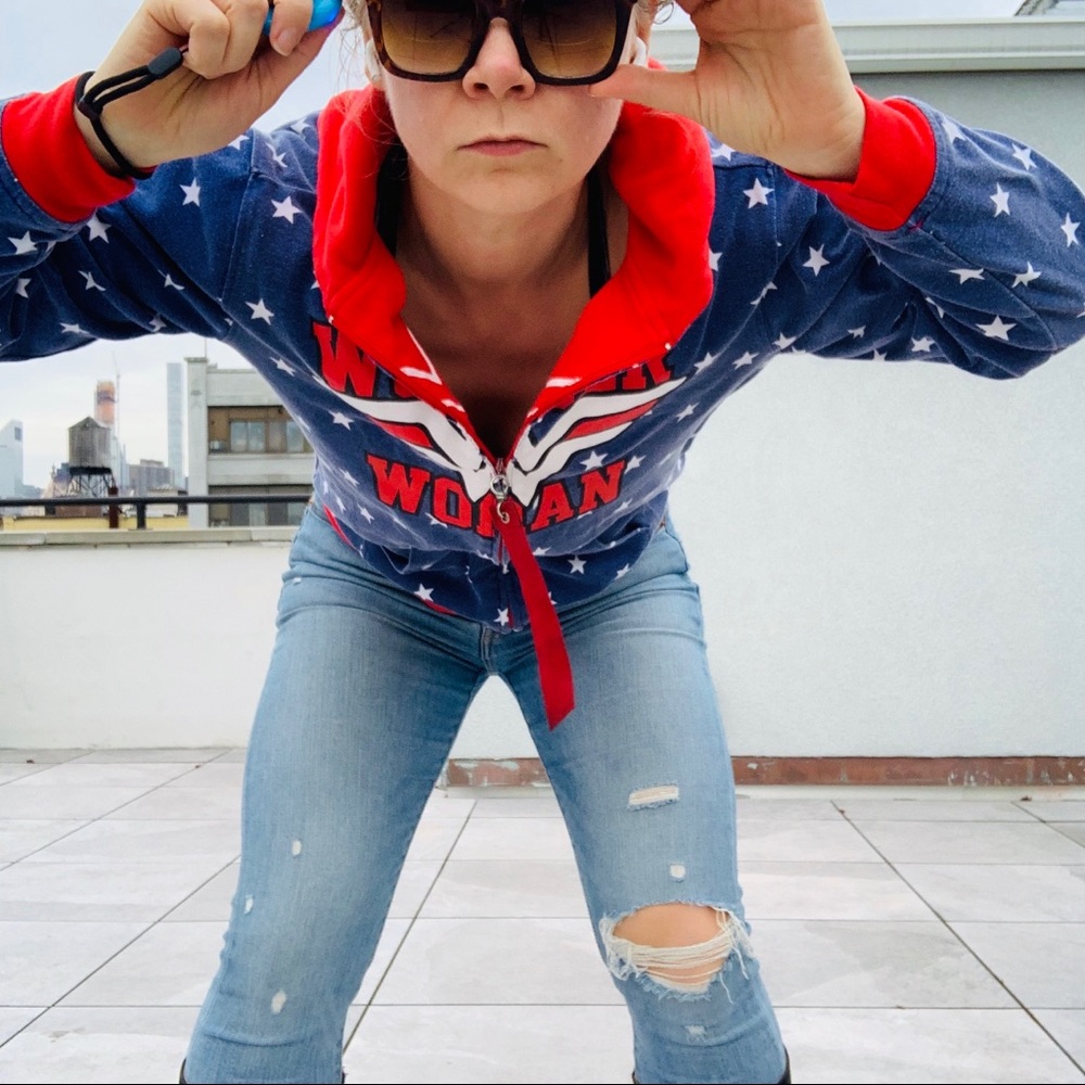 Vintage 2in1 Wonder Woman Red White Blue Star Stripe Double Side Turning Hoodie - Picture 10 of 16